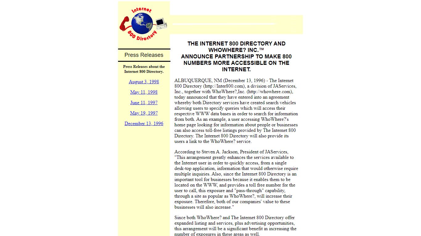 Sample Full Listing in the Internet 800/888 Directory